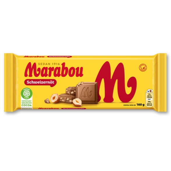 Marabou Swiss Nut Swedish Chocolate Bar 160g- Milk Chocolate with Whole Hazelnuts